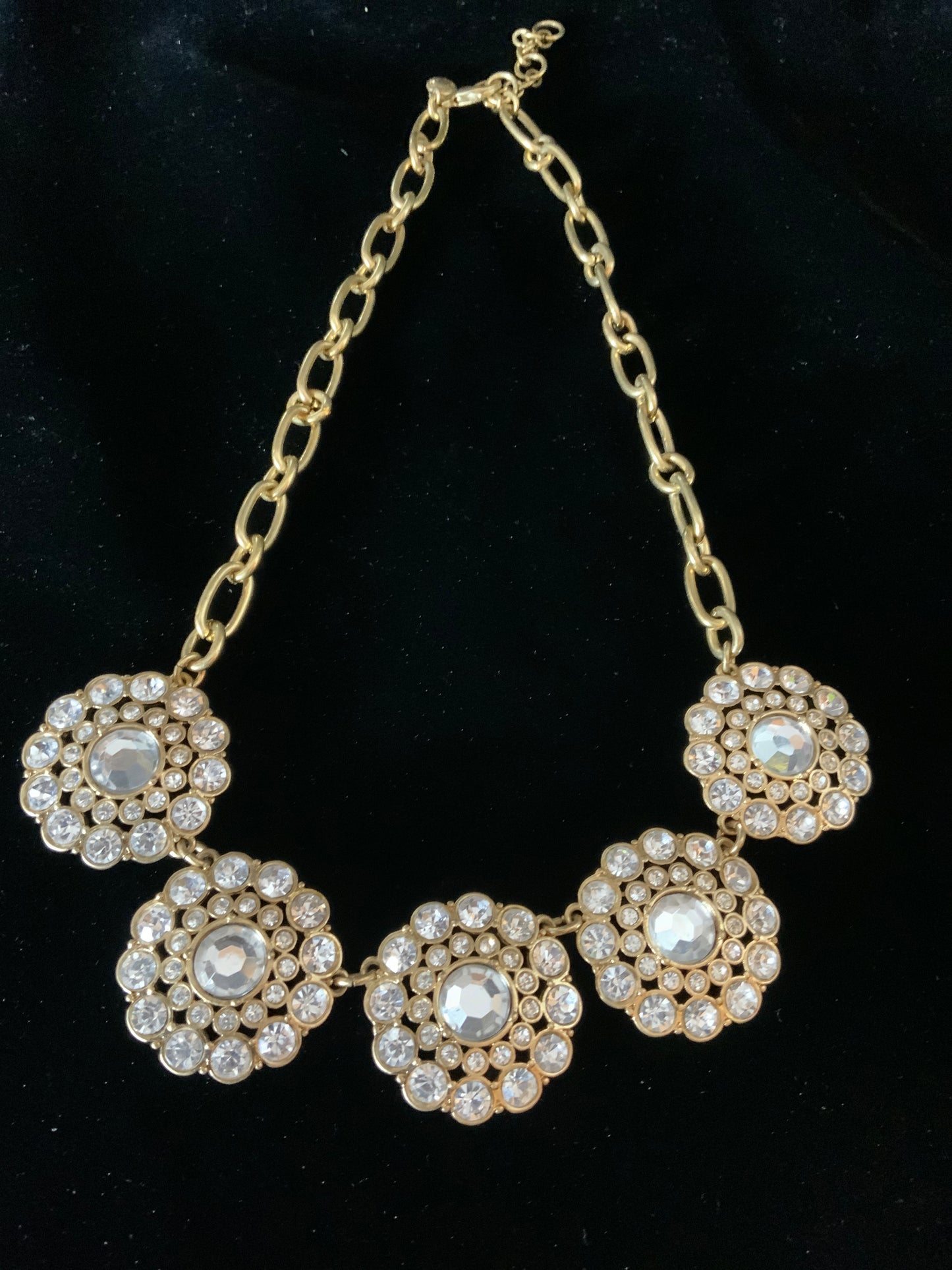 J CREW Round Crystal Rhinestone Flower Necklace Gold Tone