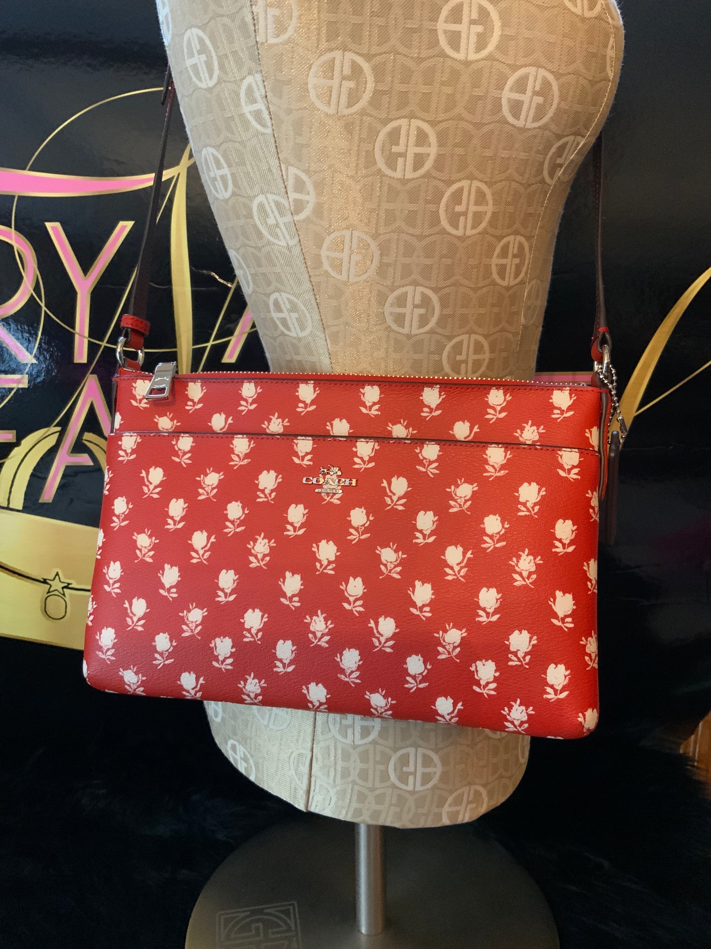 Coach red and white flowered crossbody